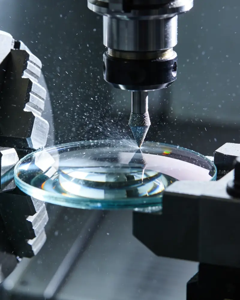 Una lente durante la lavorazione nel laboratorio interno