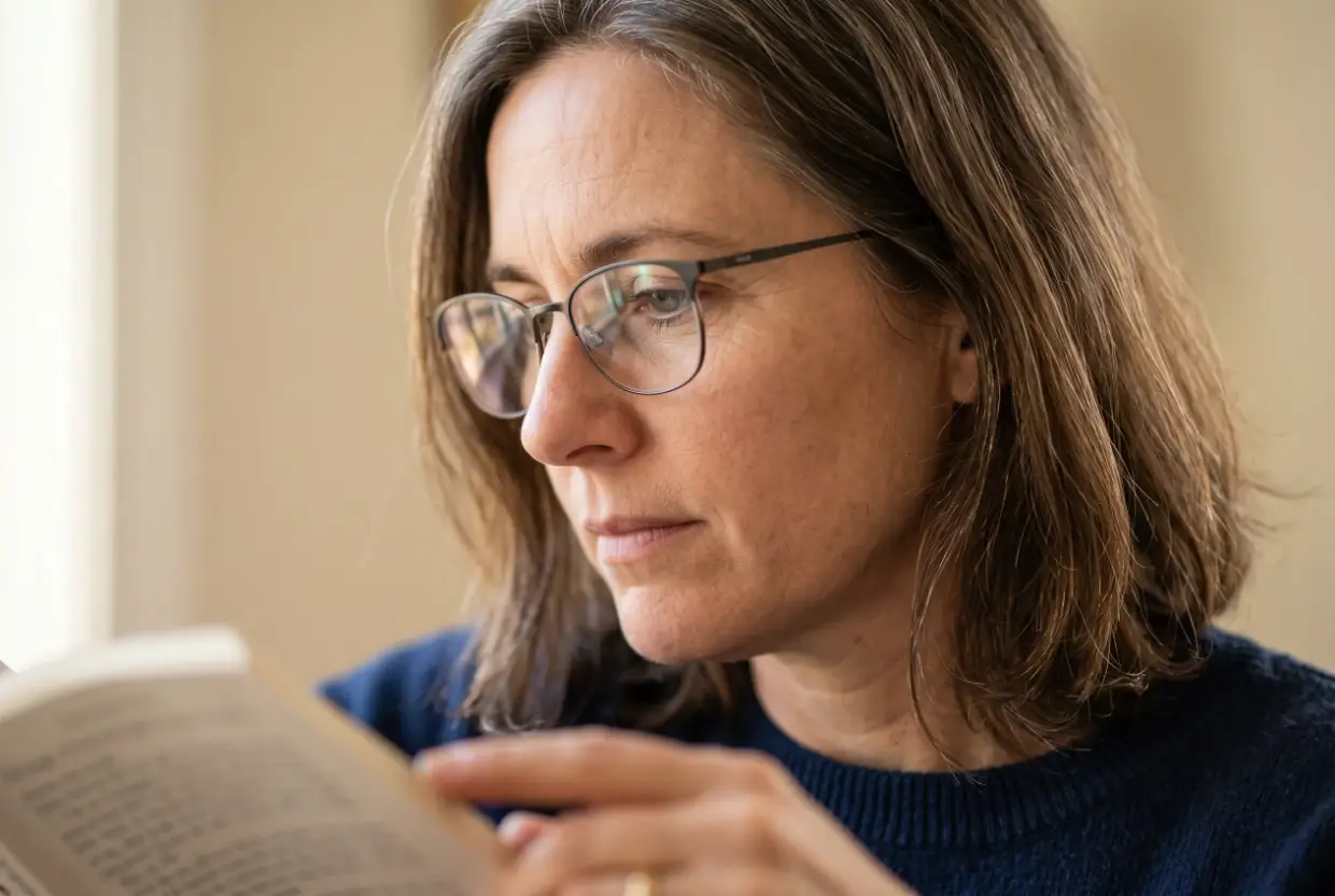 Una donna con gli occhiali legge un libro